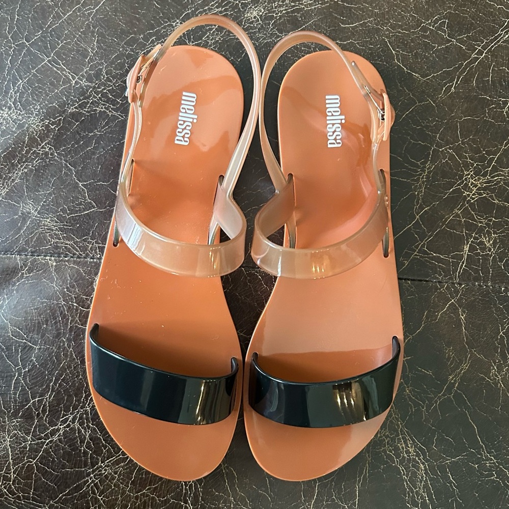 Melissa Ankle Buckle Strap Black and Tan Sandals